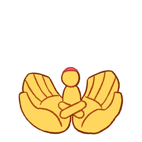 a drawing depicting a person sitting cross-legged being held by two large upwards-facing hands. there is a lot of empty space around them. they are wearing a pink kippah.